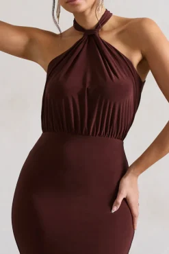 Vanessa | Chocolate Brown Knot Halter-Neck Maxi Dress