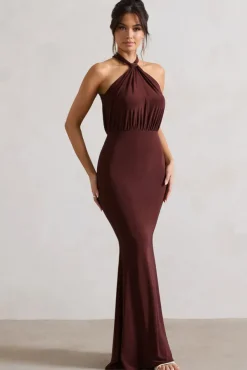 Vanessa | Chocolate Brown Knot Halter-Neck Maxi Dress