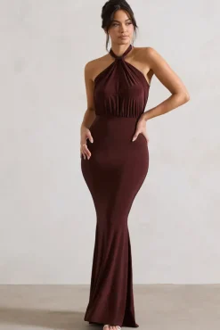 Vanessa | Chocolate Brown Knot Halter-Neck Maxi Dress