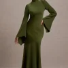 Veena | Olive Green Satin High-Neck Cut-Out Maxi Dress