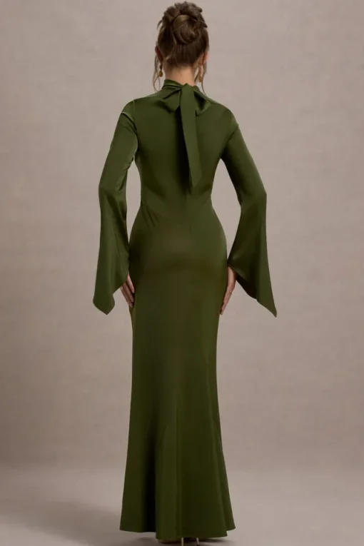 Veena | Olive Green Satin High-Neck Cut-Out Maxi Dress