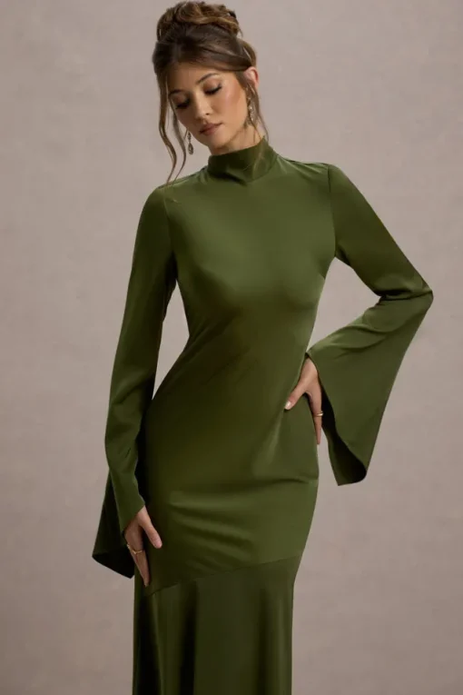 Veena | Olive Green Satin High-Neck Cut-Out Maxi Dress
