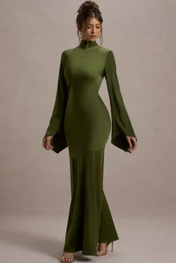 Veena | Olive Green Satin High-Neck Cut-Out Maxi Dress
