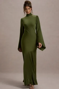Veena | Olive Green Satin High-Neck Cut-Out Maxi Dress