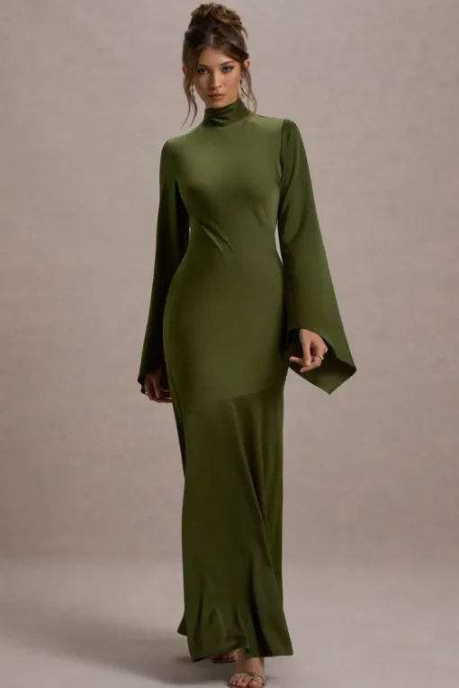 Veena | Olive Green Satin High-Neck Cut-Out Maxi Dress