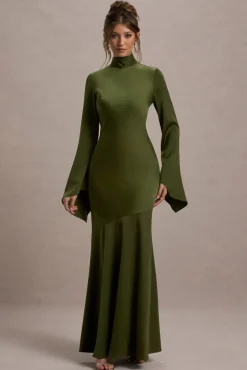 Veena | Olive Green Satin High-Neck Cut-Out Maxi Dress