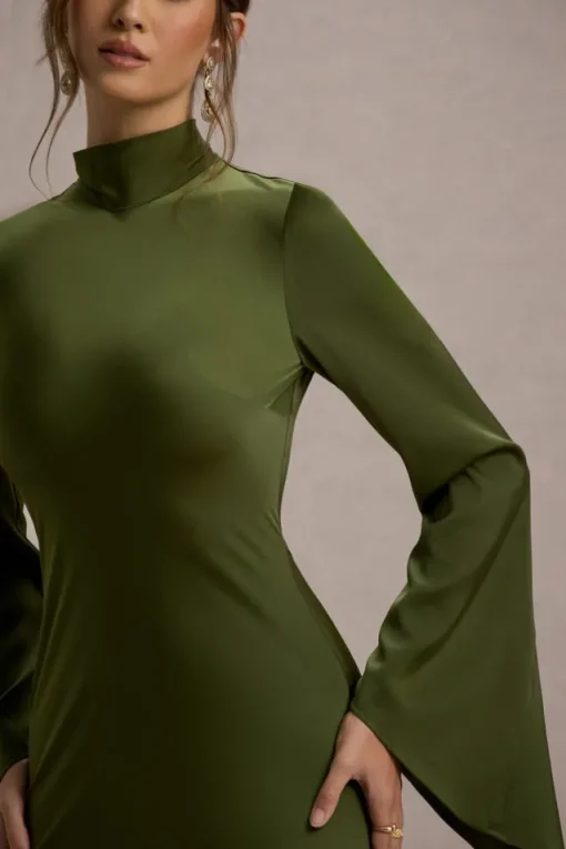 Veena | Olive Green Satin High-Neck Cut-Out Maxi Dress