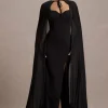 Veranna | Black Chiffon Cape with Fur Trim