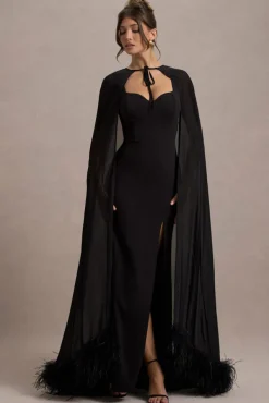 Veranna | Black Chiffon Cape with Fur Trim