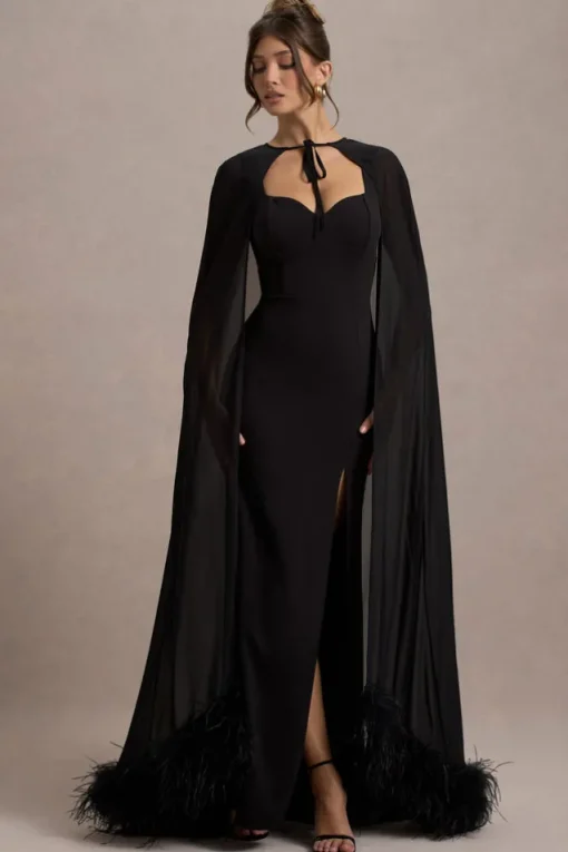 Veranna | Black Chiffon Cape with Fur Trim