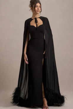 Veranna | Black Chiffon Cape with Fur Trim