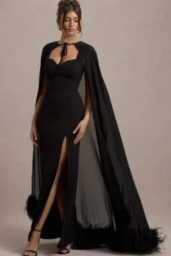 Veranna | Black Chiffon Cape with Fur Trim