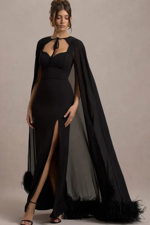 Veranna | Black Chiffon Cape with Fur Trim