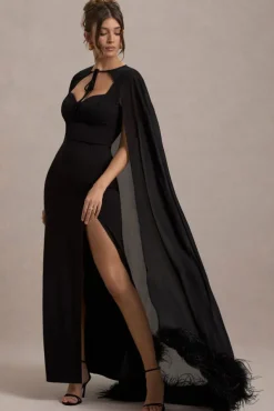 Veranna | Black Chiffon Cape with Fur Trim