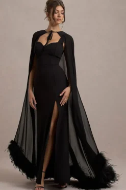 Veranna | Black Chiffon Cape with Fur Trim
