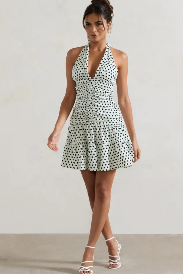 Verde | Polka Dot V-Neck Ruched Mini Dress With Flared Hem