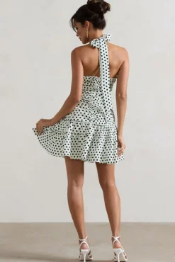 Verde | Polka Dot V-Neck Ruched Mini Dress With Flared Hem