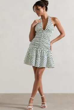 Verde | Polka Dot V-Neck Ruched Mini Dress With Flared Hem