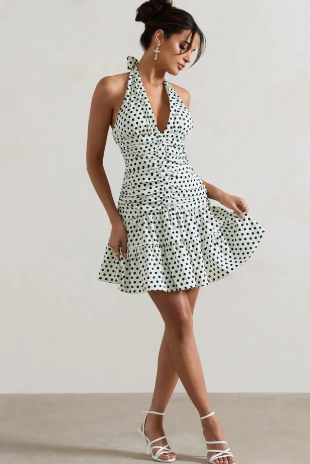 Verde | Polka Dot V-Neck Ruched Mini Dress With Flared Hem