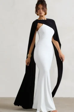 Vianna | White Strapless Maxi Dress With Black Cape