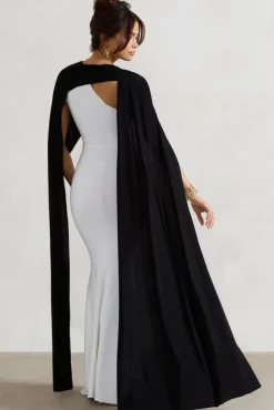Vianna | White Strapless Maxi Dress With Black Cape