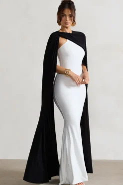 Vianna | White Strapless Maxi Dress With Black Cape
