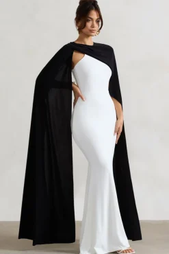 Vianna | White Strapless Maxi Dress With Black Cape