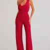 Vienna | Red Asymmetric Cowl Neck Wide Leg Jumpsuit With Open Back Detail