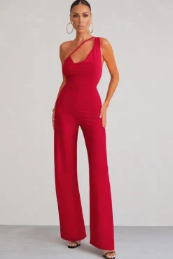 Vienna | Red Asymmetric Cowl Neck Wide Leg Jumpsuit With Open Back Detail