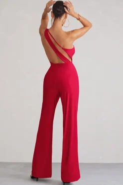 Vienna | Red Asymmetric Cowl Neck Wide Leg Jumpsuit With Open Back Detail