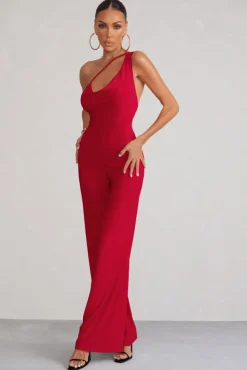 Vienna | Red Asymmetric Cowl Neck Wide Leg Jumpsuit With Open Back Detail