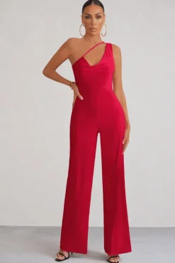 Vienna | Red Asymmetric Cowl Neck Wide Leg Jumpsuit With Open Back Detail