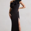 Vienne | Black One Shoulder Ruffle Split Maxi Dress