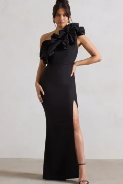 Vienne | Black One Shoulder Ruffle Split Maxi Dress