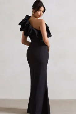 Vienne | Black One Shoulder Ruffle Split Maxi Dress