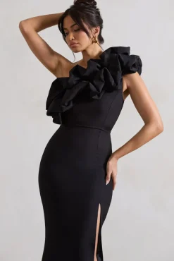 Vienne | Black One Shoulder Ruffle Split Maxi Dress