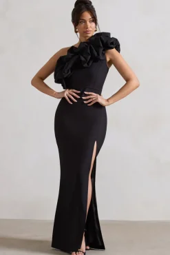 Vienne | Black One Shoulder Ruffle Split Maxi Dress