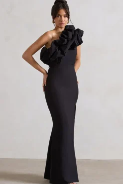 Vienne | Black One Shoulder Ruffle Split Maxi Dress