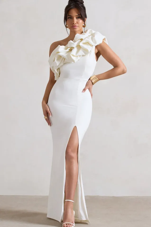 Vienne | White One Shoulder Ruffle Split Maxi Dress