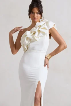 Vienne | White One Shoulder Ruffle Split Maxi Dress