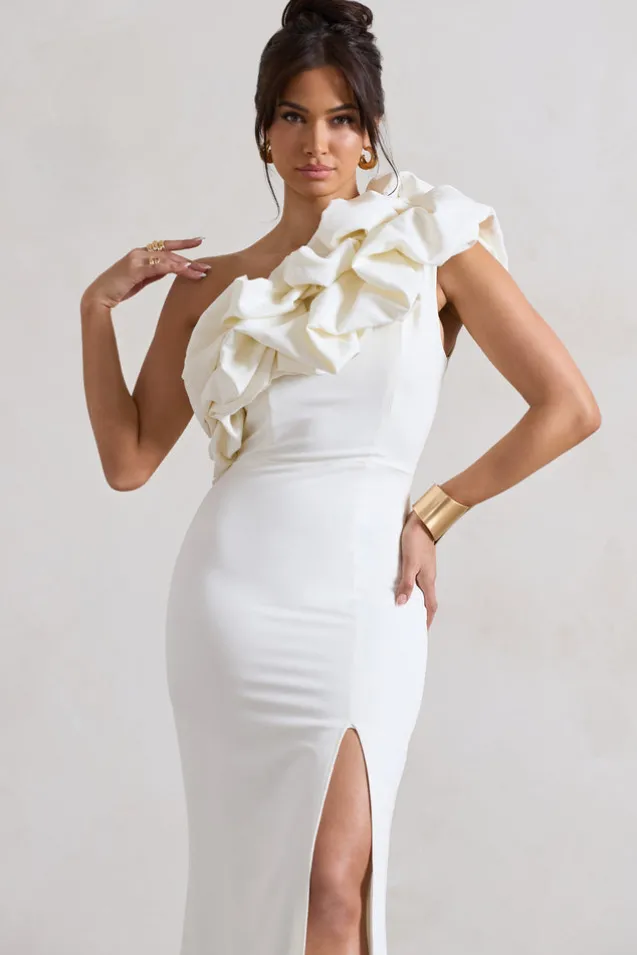 Vienne | White One Shoulder Ruffle Split Maxi Dress