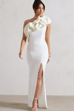 Vienne | White One Shoulder Ruffle Split Maxi Dress
