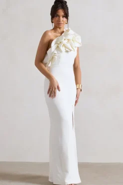 Vienne | White One Shoulder Ruffle Split Maxi Dress