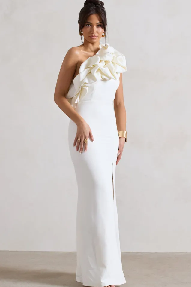 Vienne | White One Shoulder Ruffle Split Maxi Dress