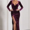 Vin Chaud | Dark Purple Velvet Long-Sleeved Split Maxi Dress