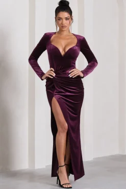 Vin Chaud | Dark Purple Velvet Long-Sleeved Split Maxi Dress