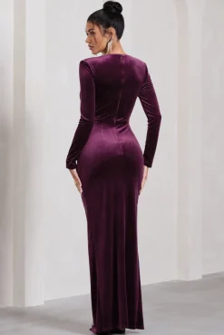 Vin Chaud | Dark Purple Velvet Long-Sleeved Split Maxi Dress