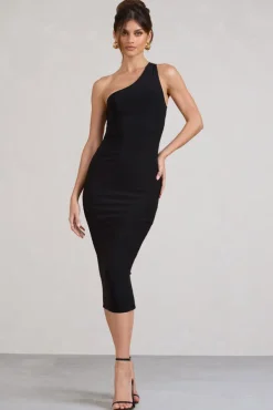 Vineyard | Black Asymmetric Backless Bodycon Midi Dress