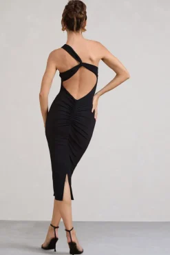 Vineyard | Black Asymmetric Backless Bodycon Midi Dress