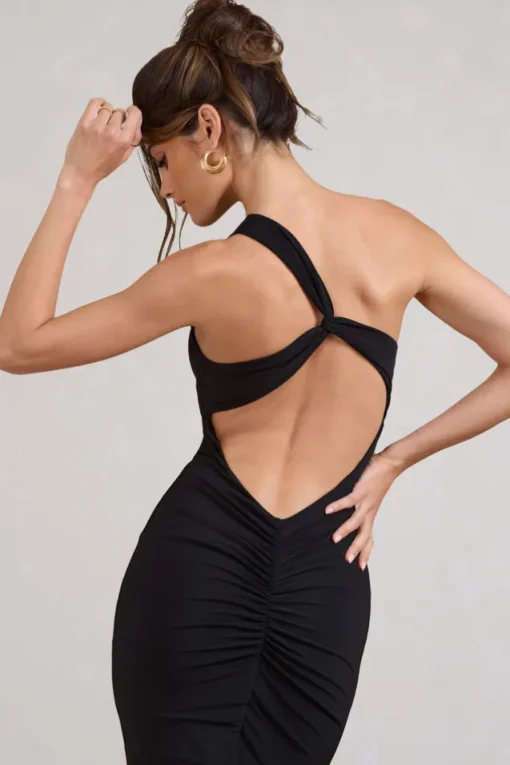 Vineyard | Black Asymmetric Backless Bodycon Midi Dress